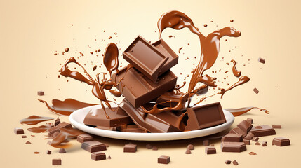 Wall Mural - Chocolate Splash: Delectable 3D Illustration of Chocolate Pieces Falling into Tempting Sauce with Clipping Path for Designs