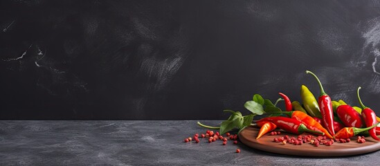 Wall Mural - Close-up view of a variety of chili peppers arranged on a plate, displayed on a wooden table. with copy space image. Place for adding text or design