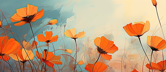 Poster - Vivid orange blooms spread across a meadow against a backdrop of clear blue sky in a photo painting. with copy space image. Place for adding text or design