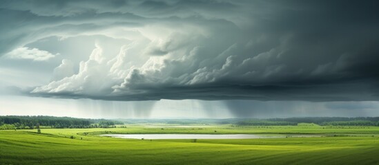 Aufkleber - Landscape depicting a serene green field with a lake under a large cloud, evoking a sense of tranquility. with copy space image. Place for adding text or design