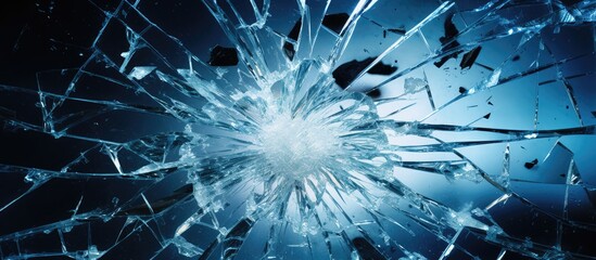 Poster - Shattered tempered glass cleanup needed due to an exploding shower door, showing a broken glass window with a hole in the middle. with copy space image. Place for adding text or design