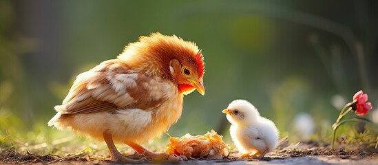 Poster - Tiny chick eating alongside adult hen in a natural setting. with copy space image. Place for adding text or design