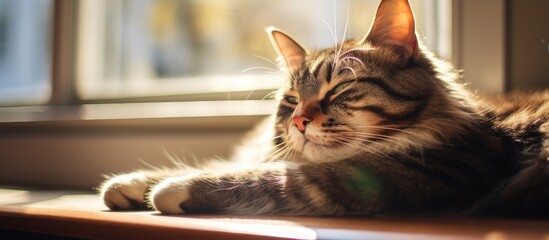 Fototapete - Tabby cat relaxing close to window, basking in intense sunlight with high contrast beams. with copy space image. Place for adding text or design