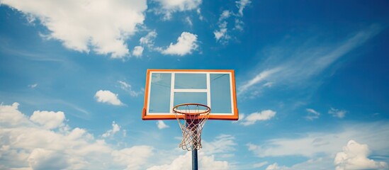 Wall Mural - A basketball hoop outdoors set against a backdrop of a cloudy sky, ideal for sports concepts. with copy space image. Place for adding text or design