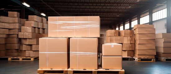 Poster - Boxes stacked on pallets with plastic wrap and corner protectors in a warehouse for shipping and storage logistics. with copy space image. Place for adding text or design