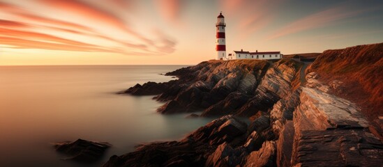 Aufkleber - Lighthouse standing tall on rocky coastal cliff overlooking the ocean with crashing waves. with copy space image. Place for adding text or design