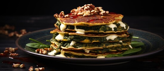 Leinwandbilder - Delicious savory pancakes packed with spinach, Feta cheese, sun-dried tomatoes, and sunflower seeds. with copy space image. Place for adding text or design