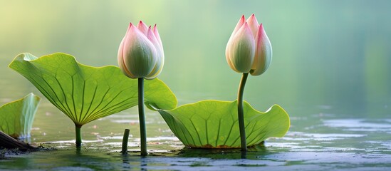 Aufkleber - Pair of beautiful pink lotus flowers emerging from the calm water surface. with copy space image. Place for adding text or design