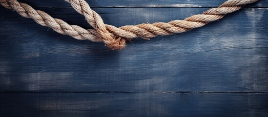 Poster - Rope in close-up view placed on a textured blue wooden surface, highlighting the intricate details and texture. with copy space image. Place for adding text or design