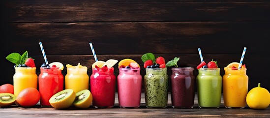 Leinwandbilder - Assorted colorful smoothies made with watermelon, papaya, mango, spinach, and dragon fruit displayed on a wooden table. with copy space image. Place for adding text or design