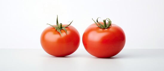 Poster - Two ripe tomatoes placed on a wooden table, one still attached to the vine, with the other half and one more on a white surface. with copy space image. Place for adding text or design