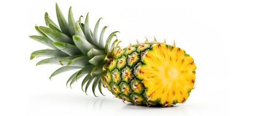 Poster - A close-up of a pineapple sliced in half, displayed on a plain white background. This tropical fruit is isolated and vibrant. with copy space image. Place for adding text or design