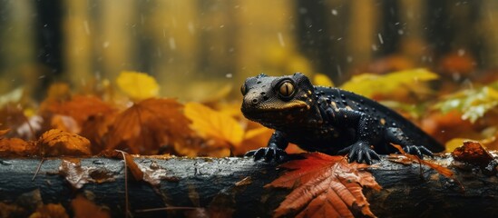 Poster - Toad sitting on a wooden log in the rain, amidst wet surroundings. with copy space image. Place for adding text or design