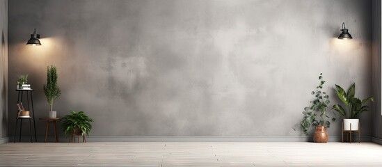 Poster - Potted green plant in a pot placed against a solid concrete wall in a minimalist room. with copy space image. Place for adding text or design
