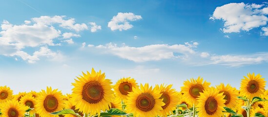 Fototapete - Vibrant sunflowers field basking in sunlight against a clear blue sky on a beautiful day. with copy space image. Place for adding text or design
