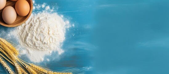 Aufkleber - Bowl filled with flour next to bunch of eggs, set on blue backdrop for preparing Italian pasta dish with wheat flour and eggs. with copy space image. Place for adding text or design