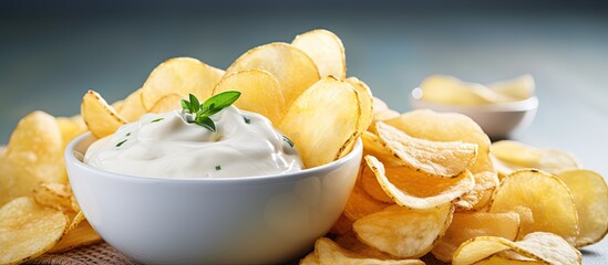 Potato chips served with sour cream dipping sauce in a bowl on a wooden table. with copy space image. Place for adding text or design