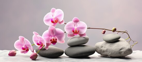 Aufkleber - An elegant still life composition featuring two pink orchids delicately placed amidst therapy stones. with copy space image. Place for adding text or design