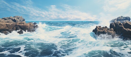 Poster - Painting close-up depicting a rugged shore with crashing waves and rocks jutting out. with copy space image. Place for adding text or design