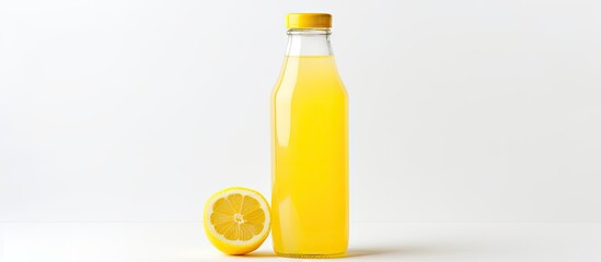 Leinwandbilder - Close-up of a bottle filled with refreshing orange juice garnished with a lemon slice. with copy space image. Place for adding text or design