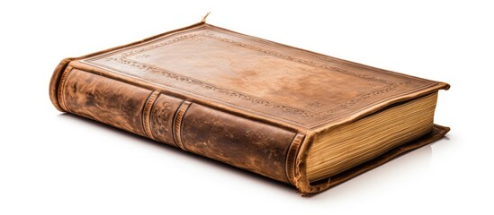 Poster - An antique book showcasing a weathered leather cover set against a plain white backdrop. with copy space image. Place for adding text or design