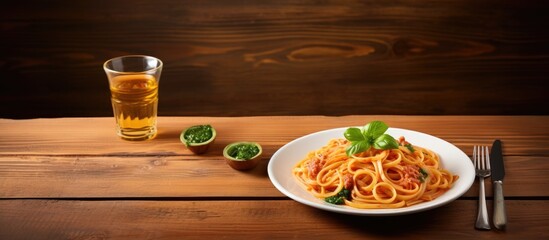 Aufkleber - Close-up of spaghetti plate with beer alongside wooden background and soda glass. with copy space image. Place for adding text or design