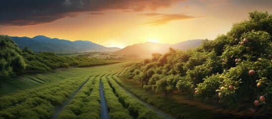 Fototapete - Landscape showing a vast field filled with numerous trees under the beautiful hues of a setting sun in the sky. with copy space image. Place for adding text or design