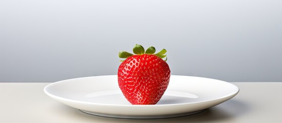 Poster - Fresh red strawberry placed elegantly on a clean white plate. with copy space image. Place for adding text or design