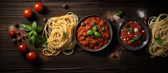 Fototapete - Plates of pasta topped with rich tomato sauce and fresh basil leaves. with copy space image. Place for adding text or design