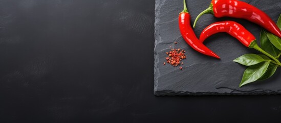 Fototapete - Chili peppers and basil leaves beautifully displayed on a slate board. with copy space image. Place for adding text or design