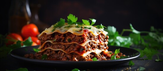 Poster - A tempting plate of lasagna featuring layers of meat, cheese, and savory sauce, ready to be enjoyed. with copy space image. Place for adding text or design