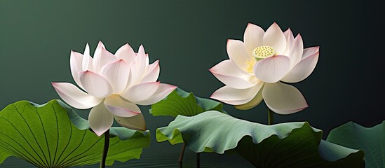 Aufkleber - Pair of lotus flowers in full bloom floating gracefully on water surface. with copy space image. Place for adding text or design