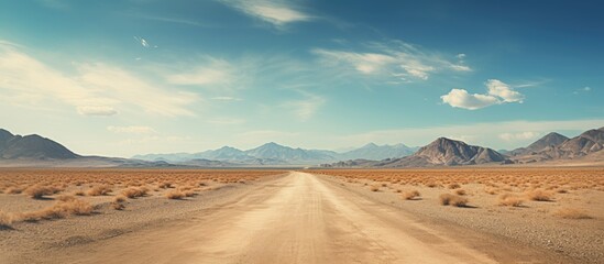 Poster - Truck with tire on dusty path leading through dry field towards distant hills. with copy space image. Place for adding text or design