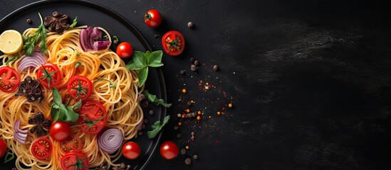 Leinwandbilder - Plate of delicious spaghetti topped with fresh tomatoes, onions, and aromatic herbs. with copy space image. Place for adding text or design