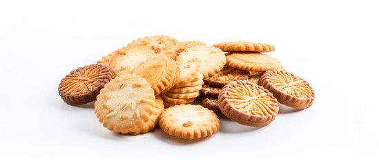Poster - Pile of assorted sweet biscuits displayed on a clean white background. with copy space image. Place for adding text or design