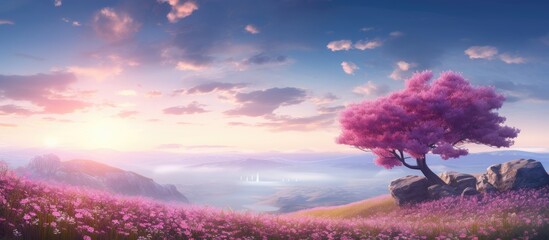 Aufkleber - Scenic landscape showcasing a tree standing tall among a colorful meadow of blooming flowers with a majestic mountain backdrop. with copy space image. Place for adding text or design
