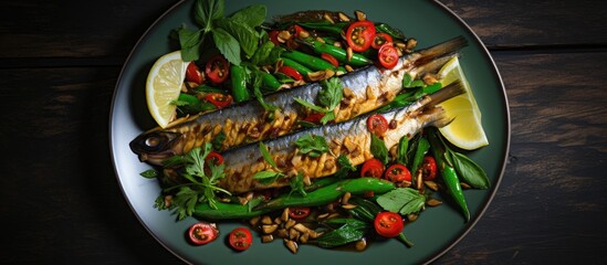Aufkleber - Spicy stir-fried mackerel fish with sliced yard long beans and basil leaves served on a plate with vegetables and a lemon wedge. with copy space image. Place for adding text or design
