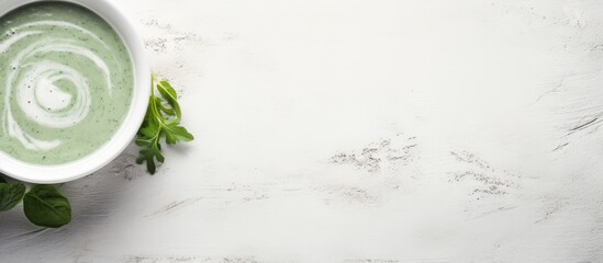 Fototapete - Spinach cream soup in a bowl presented on a white rustic tabletop from a top view. with copy space image. Place for adding text or design