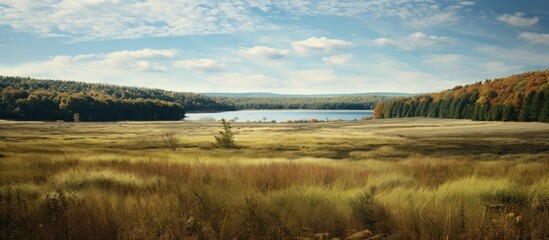 Poster - Open field with tall grass stretching towards a serene lake, set against the forest of Quabbin Reservoir in Ware, Massachusetts. with copy space image. Place for adding text or design