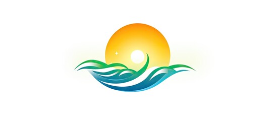 Poster - Logo featuring a sun and waves in the background, perfect for summer-themed designs. with copy space image. Place for adding text or design