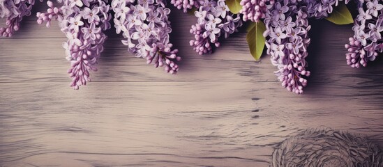 Aufkleber - Lilac flowers displayed on a wooden table alongside a delicate bird nest, creating a rustic and vintage visual. with copy space image. Place for adding text or design