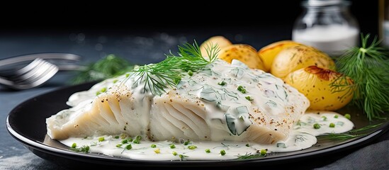 Wall Mural - Fish fillet and boiled potatoes on a dish with dill sauce, a delicious meal option. with copy space image. Place for adding text or design