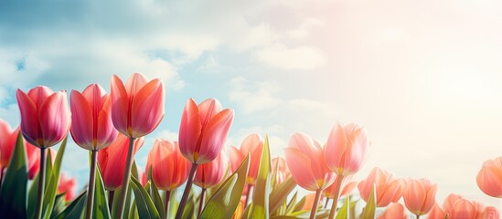 Leinwandbilder - Lush pink tulips in full bloom spread across a meadow under a clear blue spring sky. with copy space image. Place for adding text or design