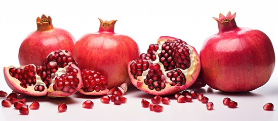 Aufkleber - Sliced ripe pomegranates displayed up close, showcasing their vibrant red seeds and juicy insides on a white background. with copy space image. Place for adding text or design
