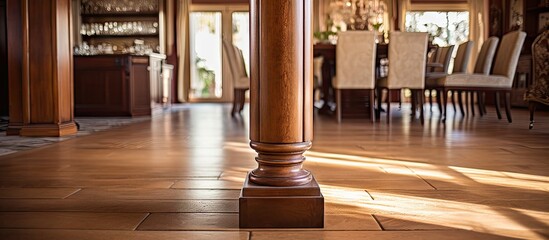 Fototapete - Rustic pillar feature in dining area of home, viewed from low angle across parquet floor. with copy space image. Place for adding text or design