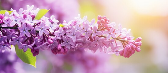 Fototapete - branch adorned with blooming purple lilac flowers under the sun's rays, showcasing the beauty of spr