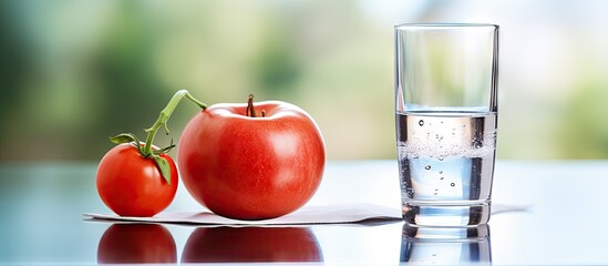 Aufkleber - Luscious tomato and crisp apple with a blurred water glass background. Ideal for health-focused campaigns. with copy space image. Place for adding text or design