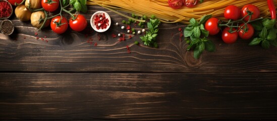 Aufkleber - Variety of food ingredients laid out on a table, including pasta, basil, tomatoes, pepper, chili, and garlic on a vintage wooden background. with copy space image. Place for adding text or design