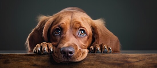 Poster - A melancholic canine with striking blue eyes gazes sadly over a rustic wooden table. with copy space image. Place for adding text or design