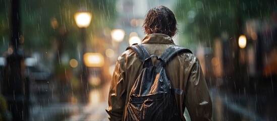 Wall Mural - Young man with backpack walking in city rain, soaked despite raincoat, powerful water drops, tropical storm atmosphere, back rear view. with copy space image. Place for adding text or design